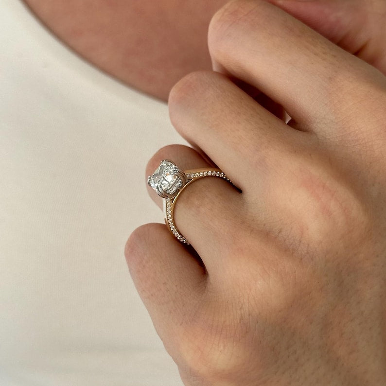UNIQUE 2 Carat Cushion Lab Grown Diamond Hidden Halo Engagement Ring , Side Pave Diamonds Shank , Two Tone Proposal Ring , D VVS2 IGI Cert image 8
