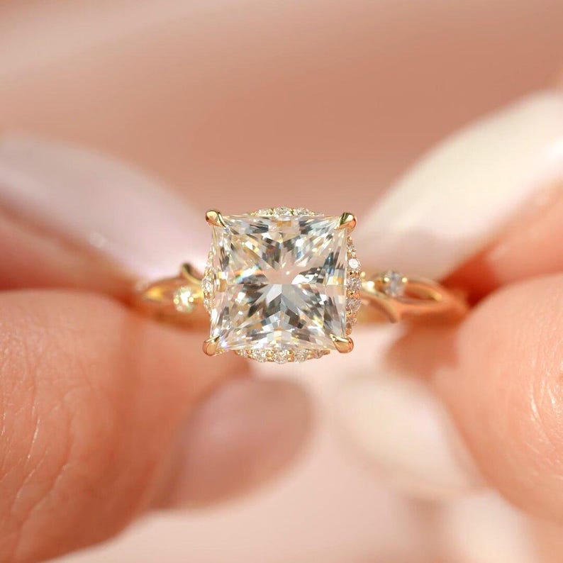 2CT princess hidden-halo solitaire, leaf vine band, solid gold, lab-grown or moissanite image 4