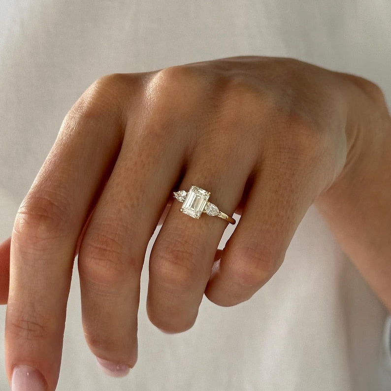 1.5 Carat Emerald Cut E VVS2 Lab Grown Diamond Three Stone Ring / 1.8 Carat Total / Emerald and Pear Cut 3 Stone Ring / Trilogy Ring / Triad image 1