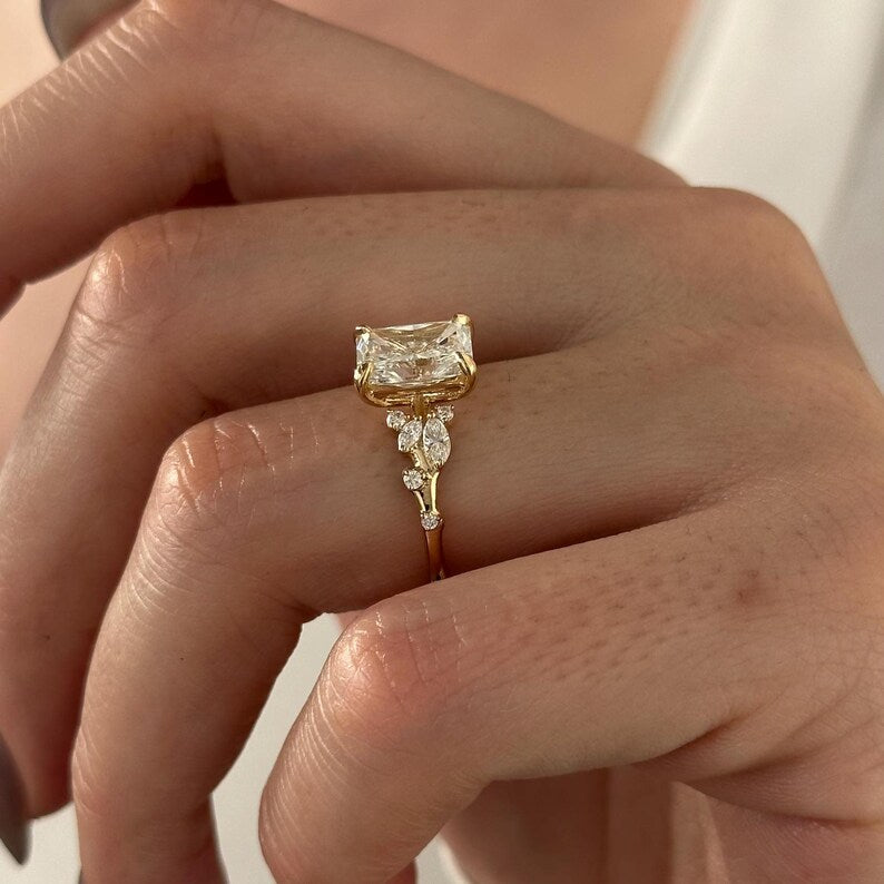 2 Carat Radiant Lab Grown Diamond Nature Inspired Ring / Radiant Twig Lab Diamond Ring / 18k gold Leaf and Branch Ring / Unique Nature Ring image 2