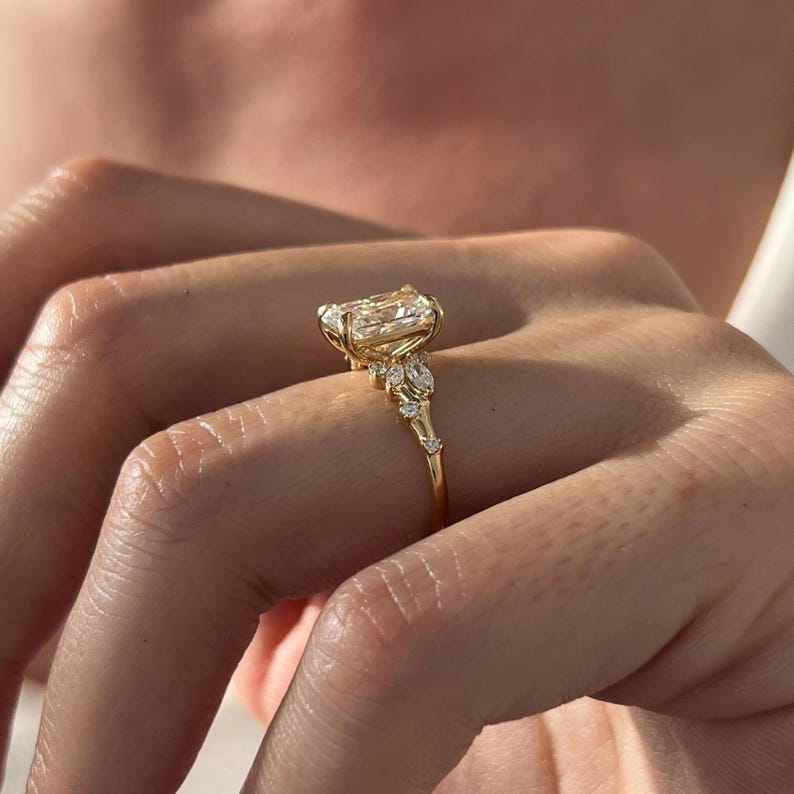 2 Carat Radiant Lab Grown Diamond Nature Inspired Ring / Radiant Twig Lab Diamond Ring / 18k gold Leaf and Branch Ring / Unique Nature Ring image 4
