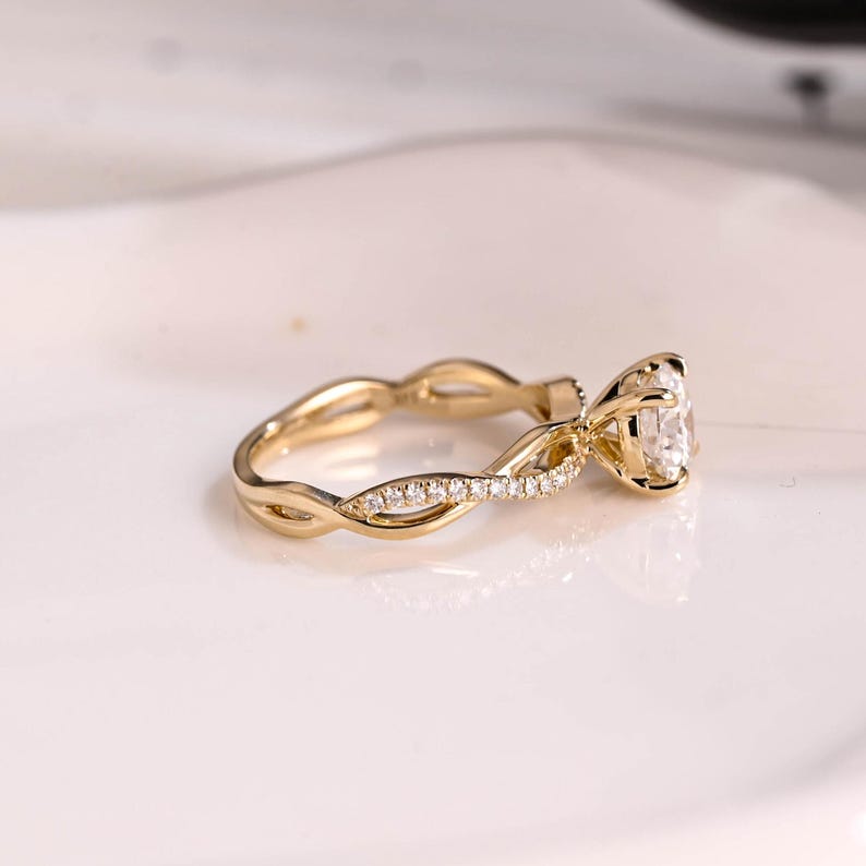 Solid Gold Twisted Band Round Cut Moissanite Engagement Ring, Infinity Promise Ring, Dainty Proposal Ring, Anniversary Gifts for Women Wife image 7