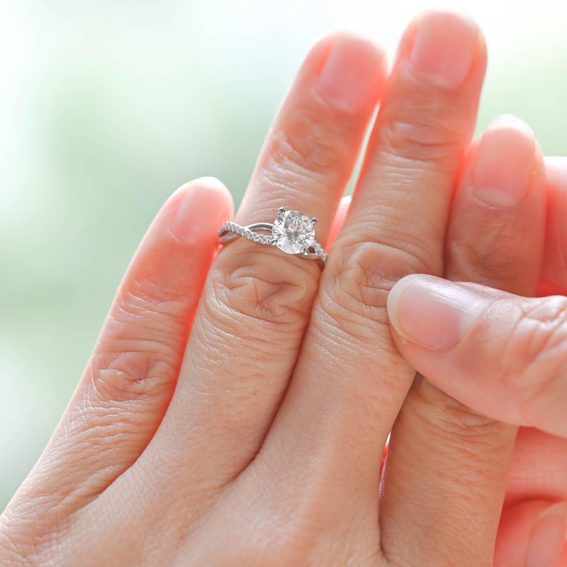 Solid Gold Twisted Band Round Cut Moissanite Engagement Ring, Infinity Promise Ring, Dainty Proposal Ring, Anniversary Gifts for Women Wife image 3