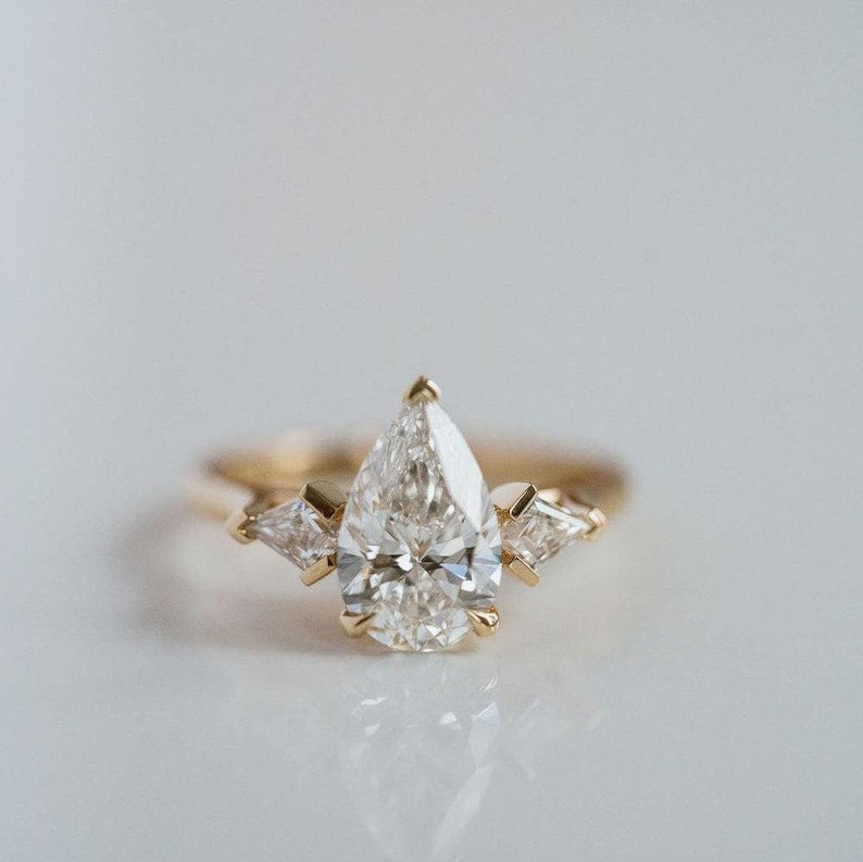 Pear Cut Moissanite Engagement Ring: Three Stone 925 Sterling Silver image 1