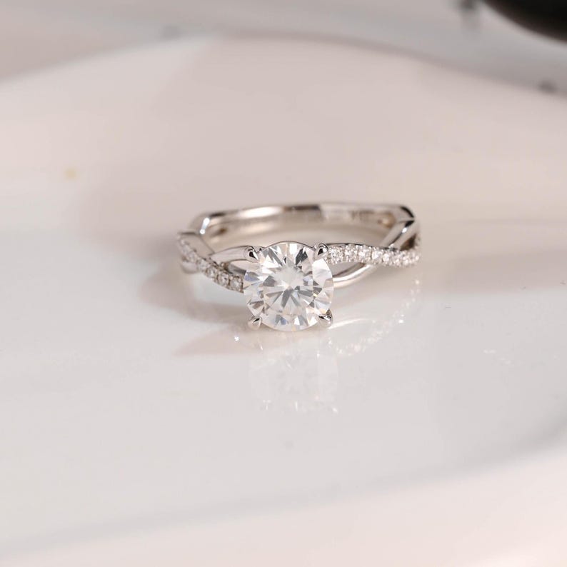 Solid Gold Twisted Band Round Cut Moissanite Engagement Ring, Infinity Promise Ring, Dainty Proposal Ring, Anniversary Gifts for Women Wife image 4
