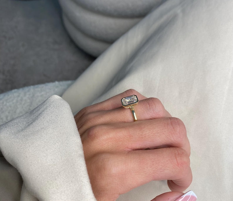 3 Carat Emerald Cut Lab Grown Diamond Engagement Ring | 14K Gold Bezel | IGI Certified image 5