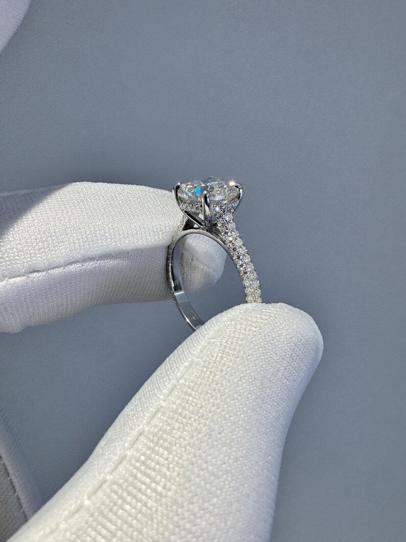 2.5ct Moissanite Engagement Ring: Round Hidden Halo, Pave Band Luxury Ring Gold Platinum Jewelry image 3