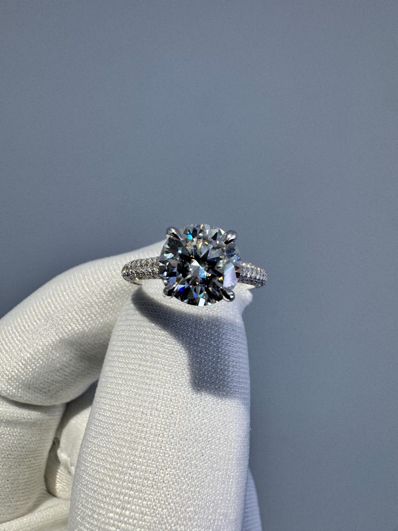 2.5ct Moissanite Engagement Ring: Round Hidden Halo, Pave Band Luxury Ring Gold Platinum Jewelry image 5