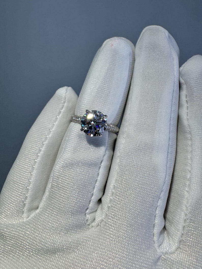 2.5ct Moissanite Engagement Ring: Round Hidden Halo, Pave Band Luxury Ring Gold Platinum Jewelry image 6