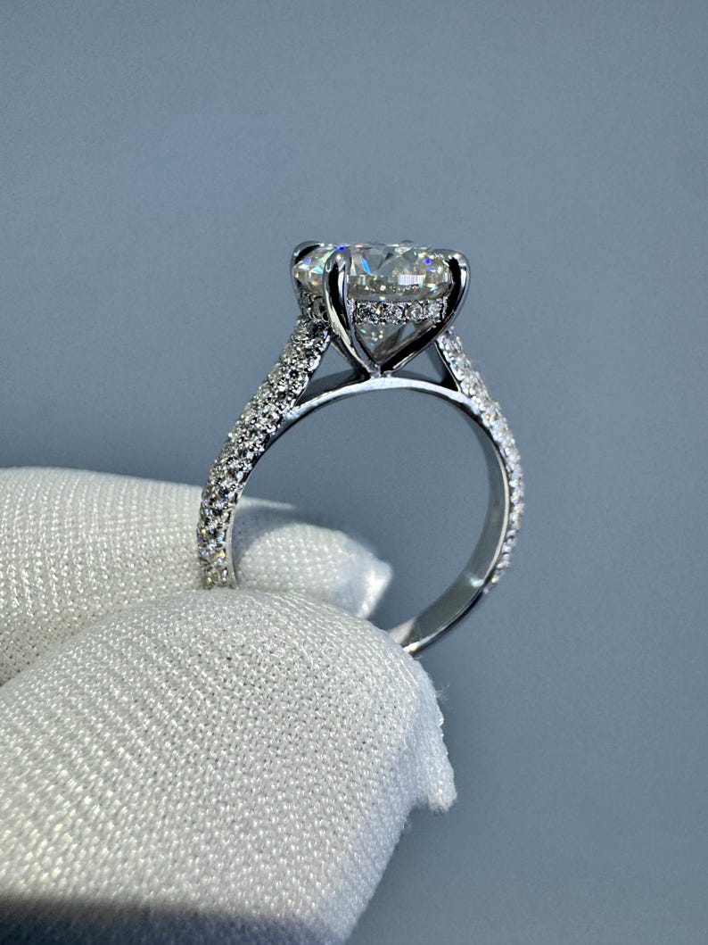 2.5ct Moissanite Engagement Ring: Round Hidden Halo, Pave Band Luxury Ring Gold Platinum Jewelry image 7