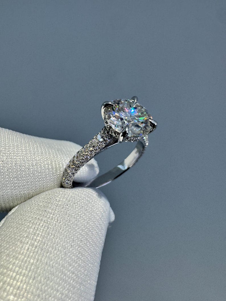 2.5ct Moissanite Engagement Ring: Round Hidden Halo, Pave Band Luxury Ring Gold Platinum Jewelry image 8