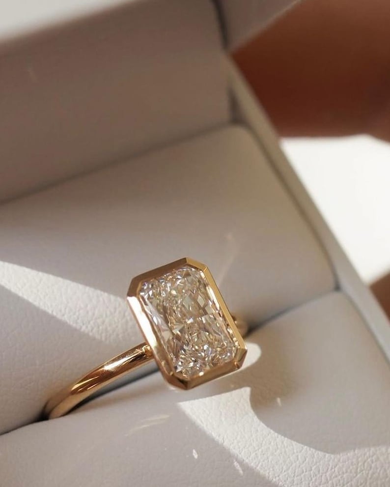14k yellow gold, CVD diamond, IGL CERTIFIED, bezel set, diamond ring, emerald cut, emerald diamond, engagement ring, fine jewelry, lab created diamond, lab grown, lab grown diamond, wedding ring