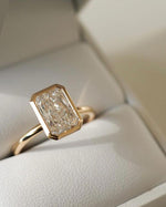 Load image into Gallery viewer, 14k yellow gold, CVD diamond, IGL CERTIFIED, bezel set, diamond ring, emerald cut, emerald diamond, engagement ring, fine jewelry, lab created diamond, lab grown, lab grown diamond, wedding ring