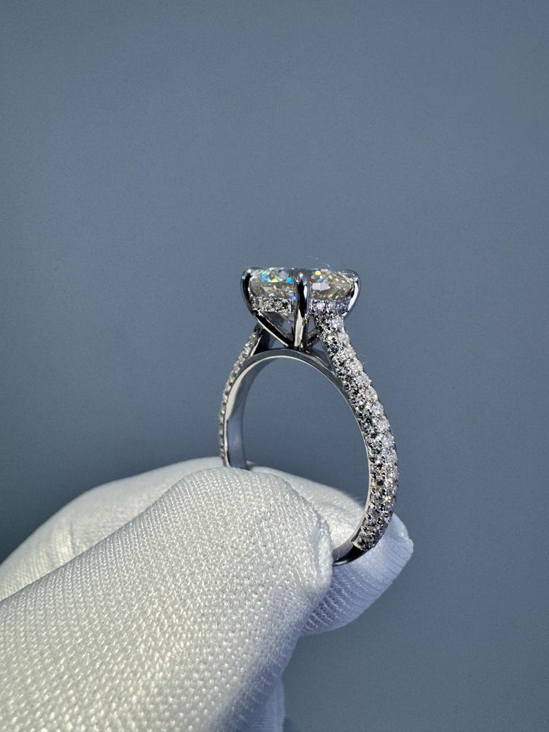 2.5ct Moissanite Engagement Ring: Round Hidden Halo, Pave Band Luxury Ring Gold Platinum Jewelry image 4
