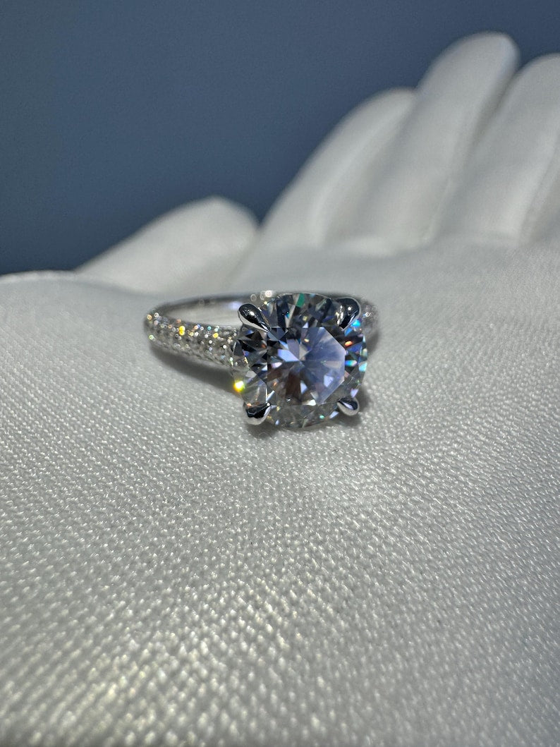 2.5ct Moissanite Engagement Ring: Round Hidden Halo, Pave Band Luxury Ring Gold Platinum Jewelry image 9