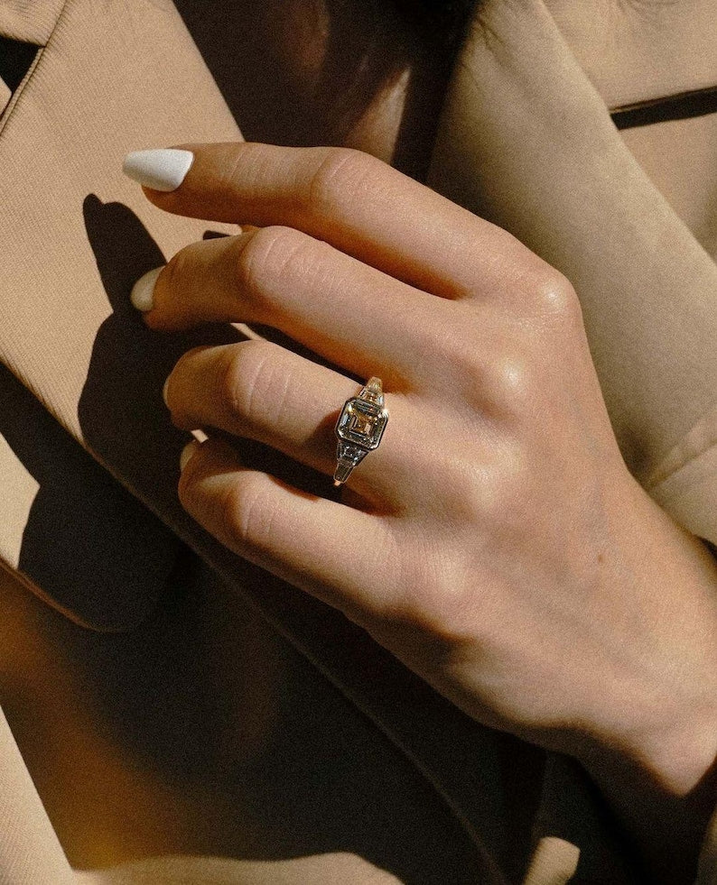 Asscher 3.0tcw lab grown diamond engagement ring with a secure full bezel setting, IGI certified for peace of mind. This forever ring features sparkling side stones on a sleek band, perfect as a wedding ring or anniversary gift celebrating ethical brilliance and modern style.