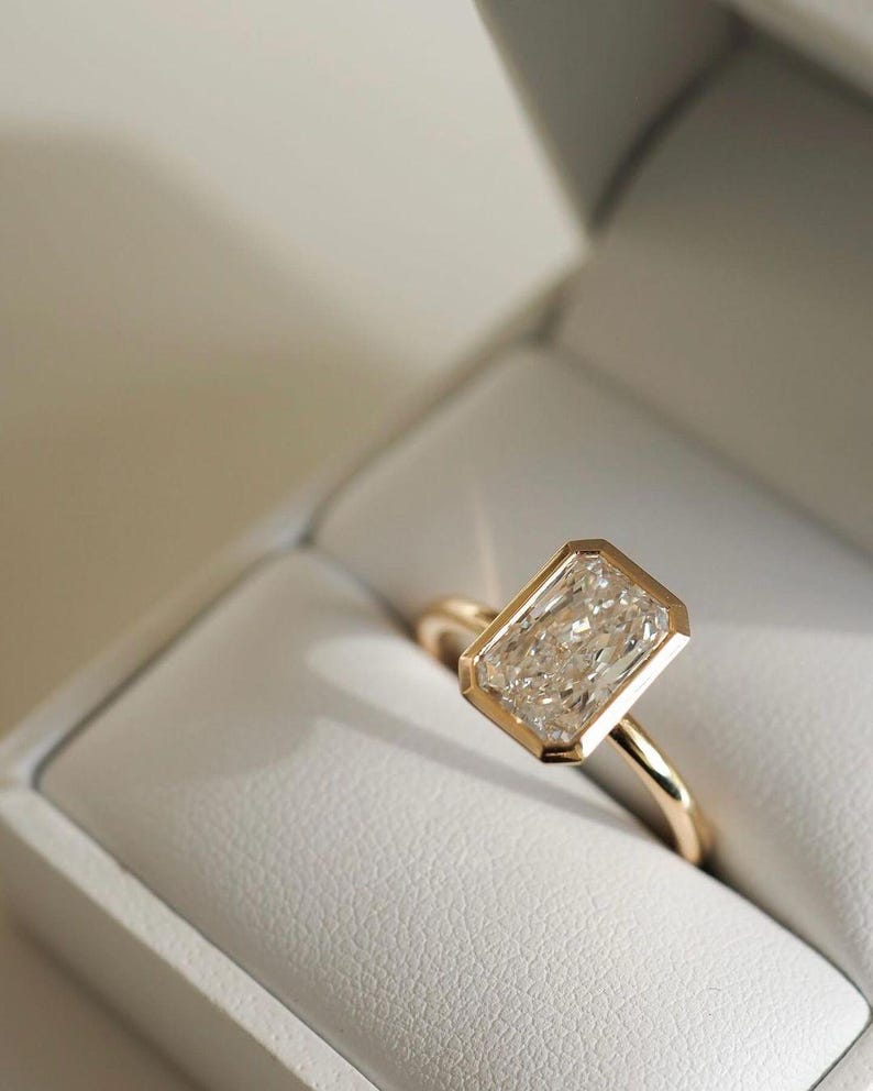 14k yellow gold, CVD diamond, IGL CERTIFIED, bezel set, diamond ring, emerald cut, emerald diamond, engagement ring, fine jewelry, lab created diamond, lab grown, lab grown diamond, wedding ring