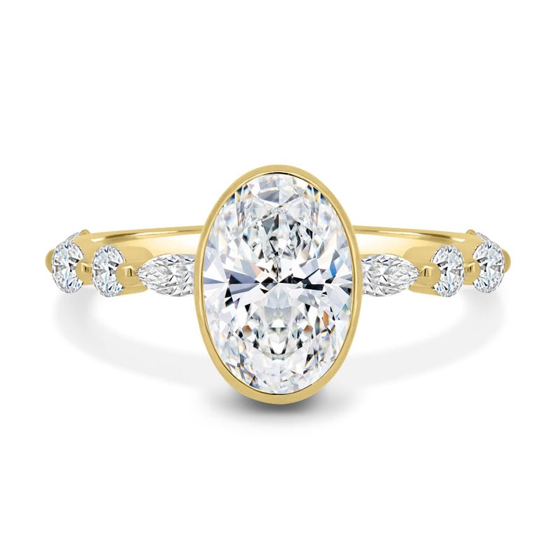 3.00 Ct Lab-Grown Diamond Oval Engagement Ring: Gold Bezel Set with Marquise Accents image 2