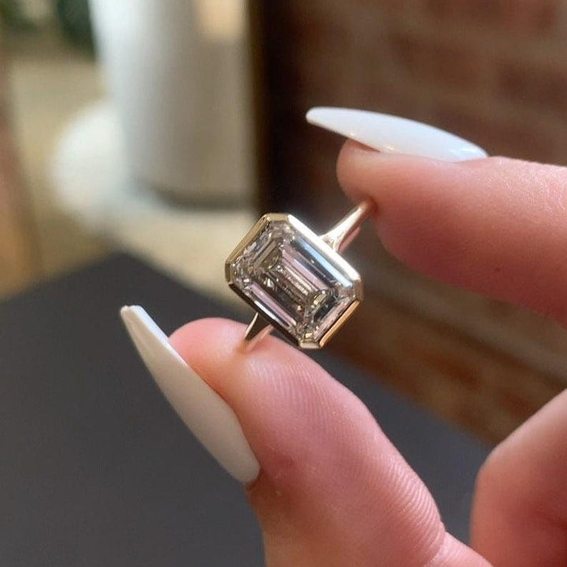 Emerald Cut 2.5ct Lab Diamond Solitaire Ring, Bezel Set Solid Gold, Modern Elegance image 4