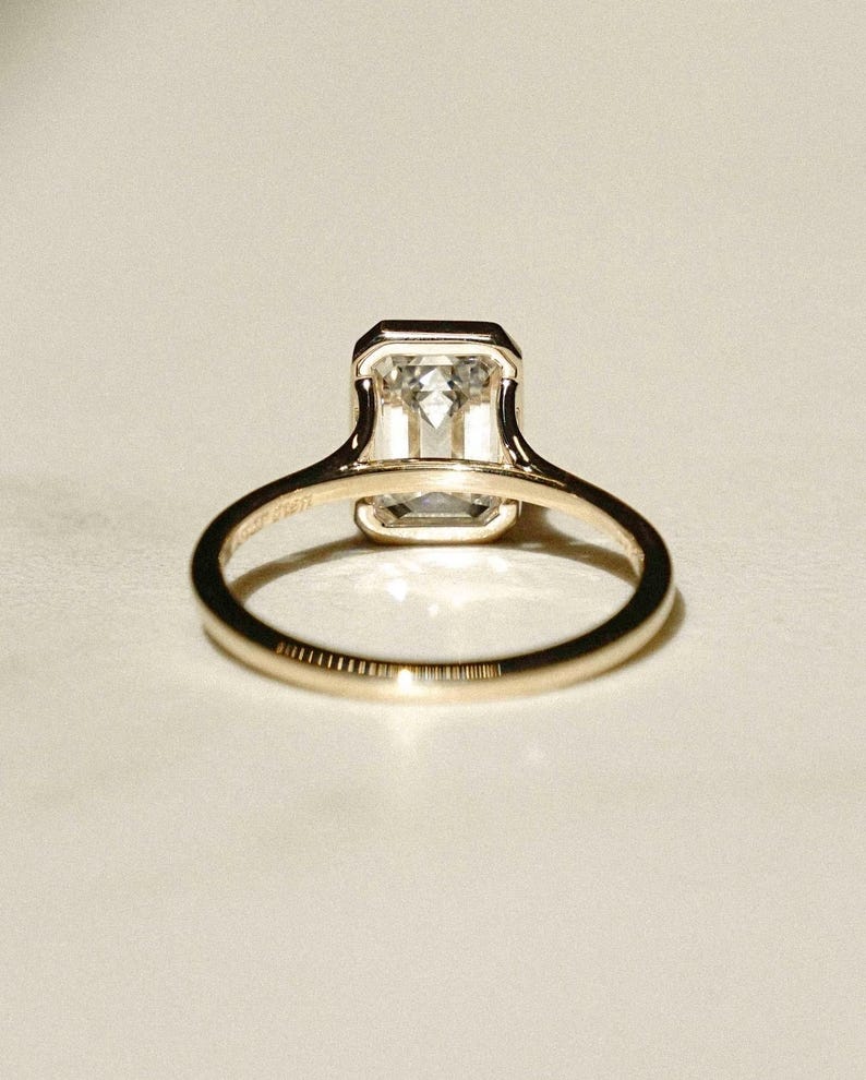 Emerald Cut 2.5ct Lab Diamond Solitaire Ring, Bezel Set Solid Gold, Modern Elegance image 2