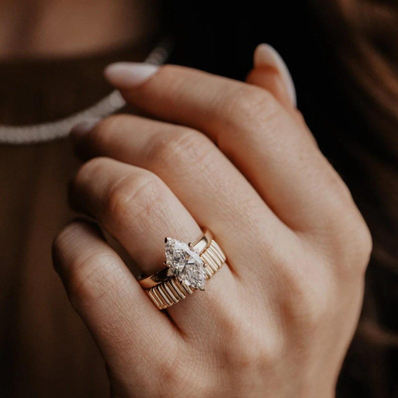 Solid Gold Marquise Moissanite Solitaire Ring: Wide Band Engagement image 10