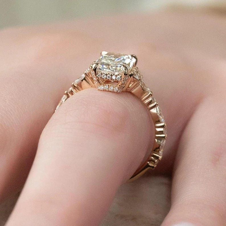 Hidden Halo Radiant Cut Ring, 3.30ct Radiant Cut Moissanite Diamond Ring, 14K Yellow Gold Engagement Ring, Dainty Promise Ring, Gift For Her image 3