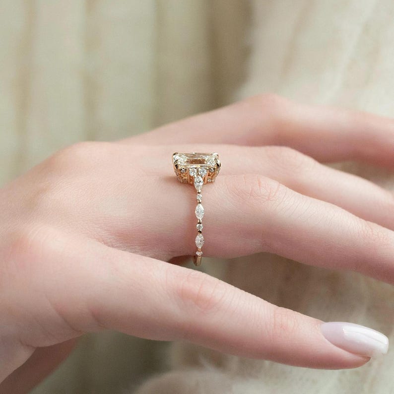 Hidden Halo Radiant Cut Ring, 3.30ct Radiant Cut Moissanite Diamond Ring, 14K Yellow Gold Engagement Ring, Dainty Promise Ring, Gift For Her image 4