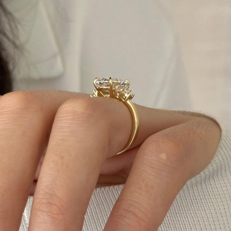 3 Carat Elongated Cushion E VVS2 Lab Grown Diamond 5 Stone Ring / 14k Yellow Gold Engagement Ring / Elongated Diamond Wedding Ring image 4