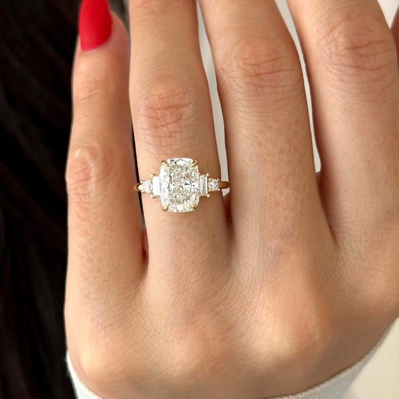 3 Carat Elongated Cushion E VVS2 Lab Grown Diamond 5 Stone Ring / 14k Yellow Gold Engagement Ring / Elongated Diamond Wedding Ring image 1