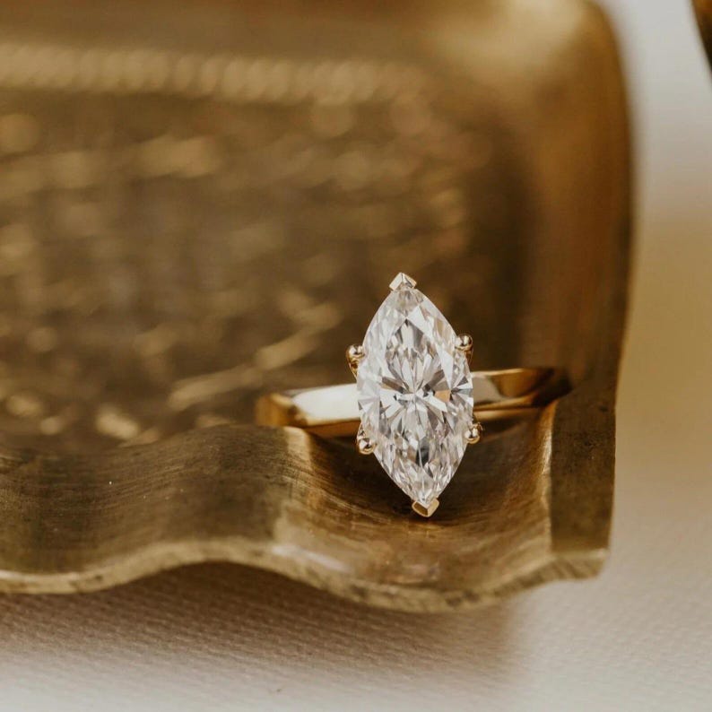 Solid Gold Marquise Moissanite Solitaire Ring: Wide Band Engagement image 3