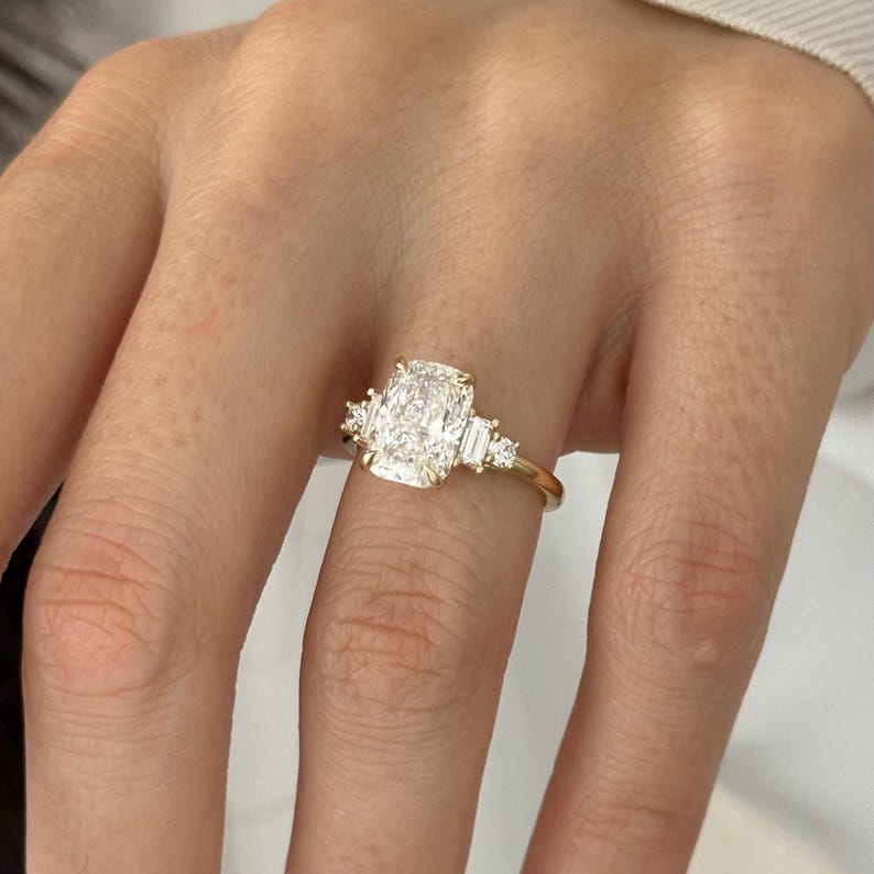 3 Carat Elongated Cushion E VVS2 Lab Grown Diamond 5 Stone Ring / 14k Yellow Gold Engagement Ring / Elongated Diamond Wedding Ring image 5