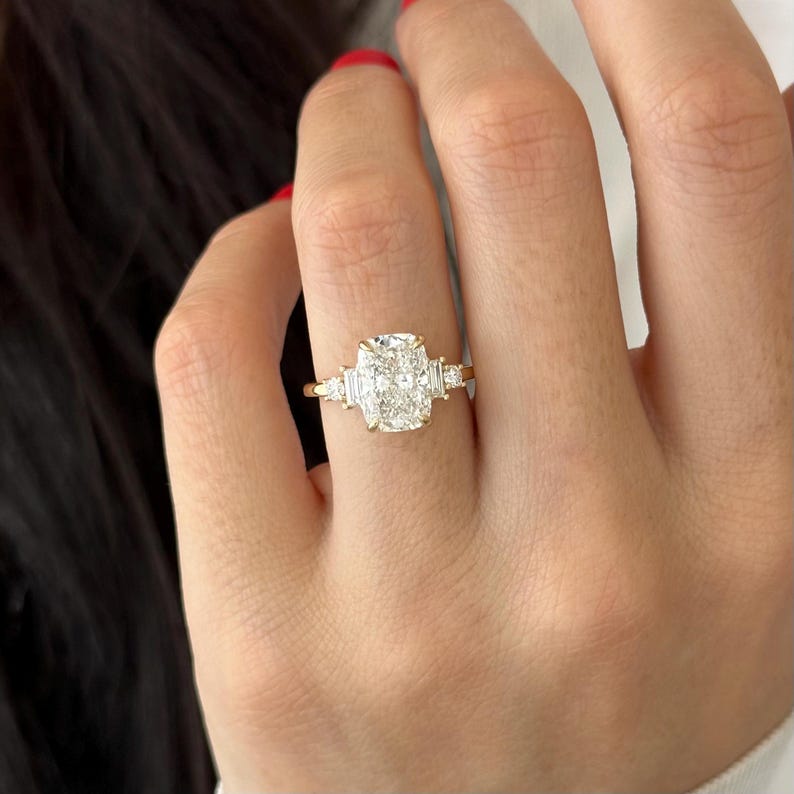 3 Carat Elongated Cushion E VVS2 Lab Grown Diamond 5 Stone Ring / 14k Yellow Gold Engagement Ring / Elongated Diamond Wedding Ring image 6