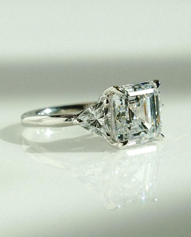 Asscher Cut IGI Certified Lab Diamond Ring, Trillion Side Stones, Elegant image 3