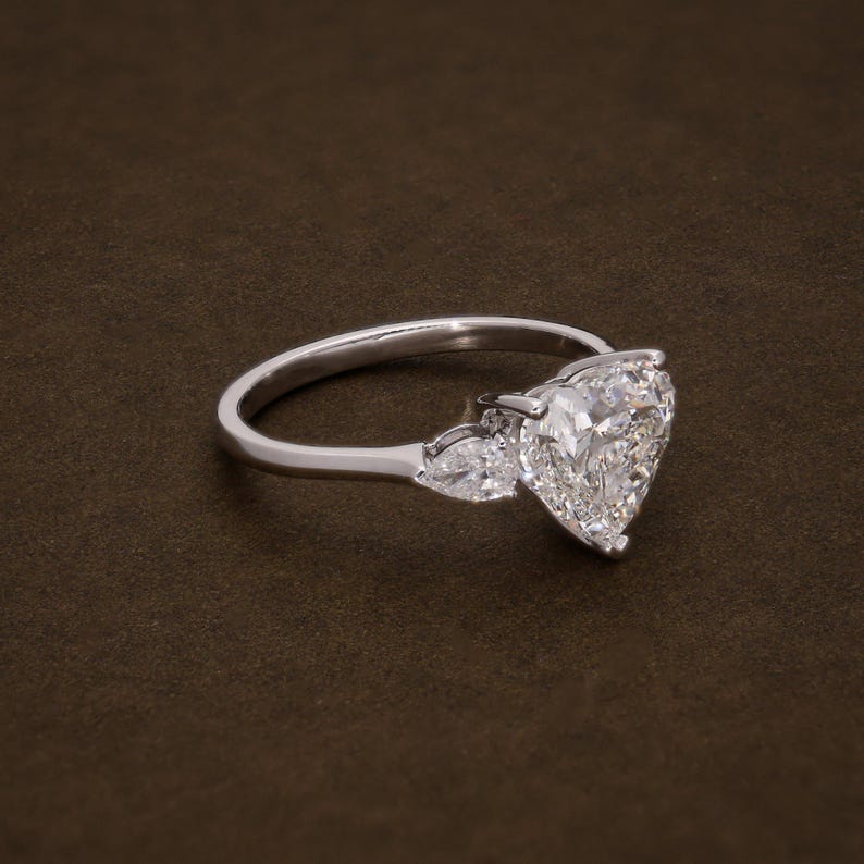 Heart Shape Lab Grown Diamond Engagement Ring, 2.83 CTW Heart & Pear Shape IGI Certified Diamonds, Three Stone Ring image 3