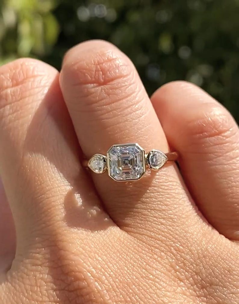 1 CT Asscher Cut Lab Grown Diamond Engagement Ring, Bezel Setting Three Stone Ring Side Pear Cut Stones, 14K Solid Gold Wedding Ring