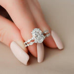 Load image into Gallery viewer, 2.00 CT Oval Moissanite Engagement Ring Set: Art Deco Bridal Halo, Matching Bands image 3