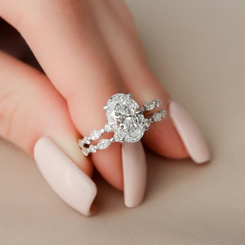 2.00 CT Oval Moissanite Engagement Ring Set: Art Deco Bridal Halo, Matching Bands image 3