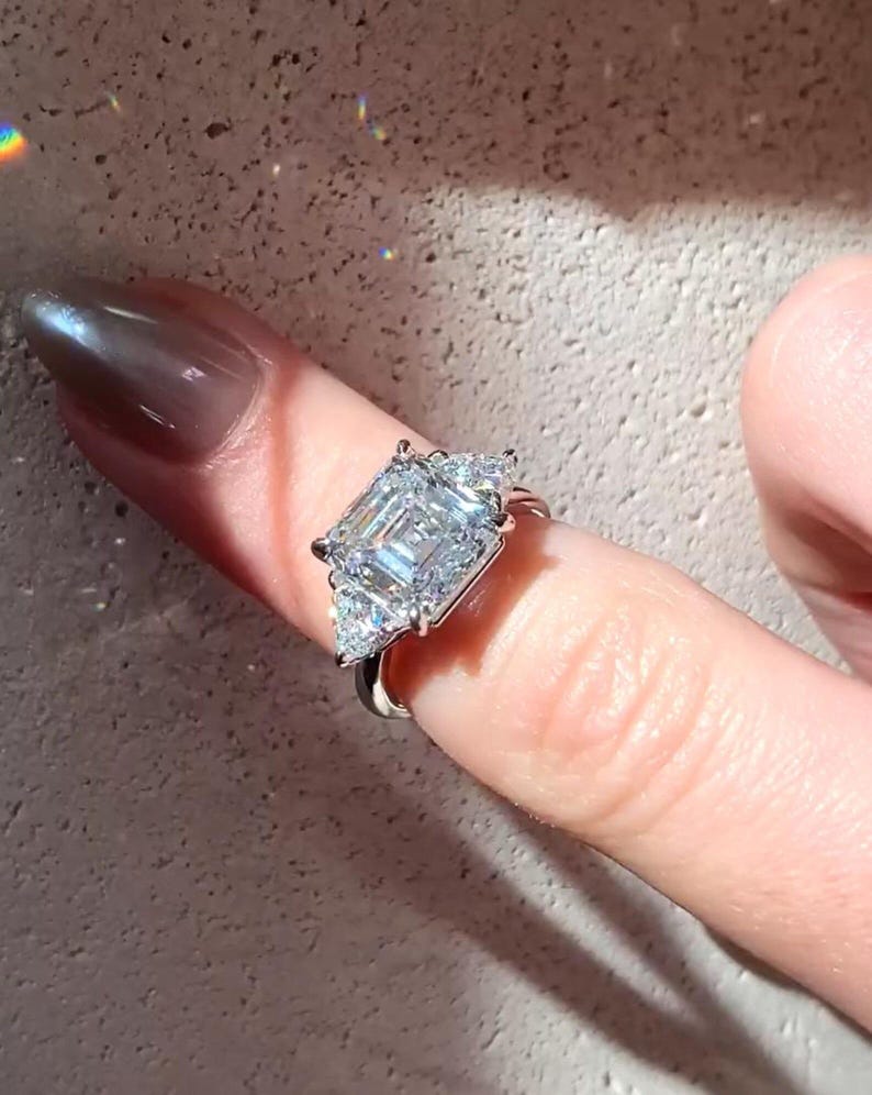 Asscher Cut IGI Certified Lab Diamond Ring, Trillion Side Stones, Elegant image 4