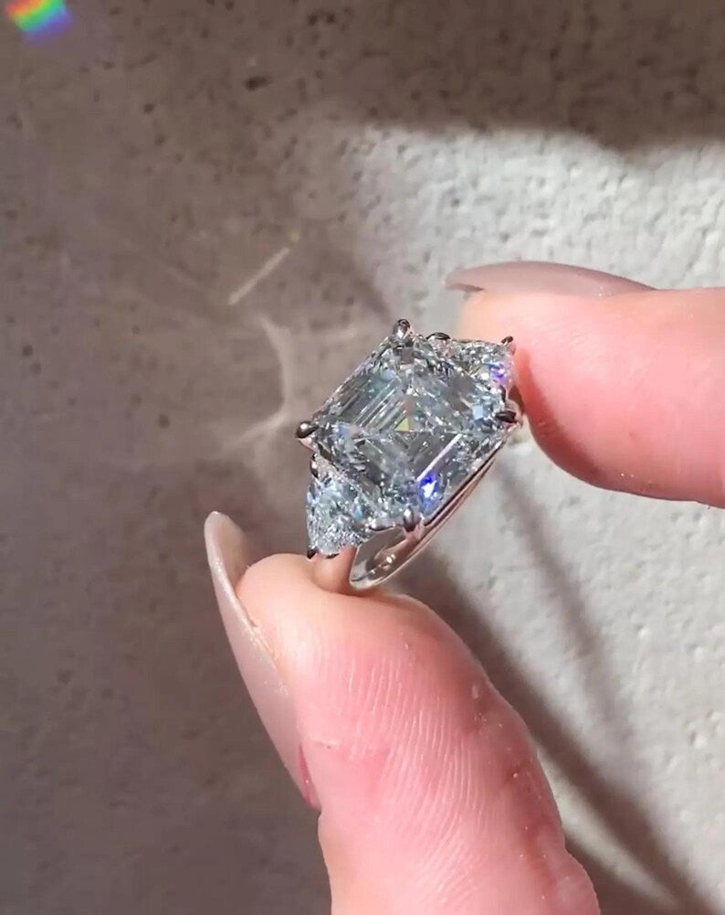 Asscher Cut IGI Certified Lab Diamond Ring, Trillion Side Stones, Elegant image 8