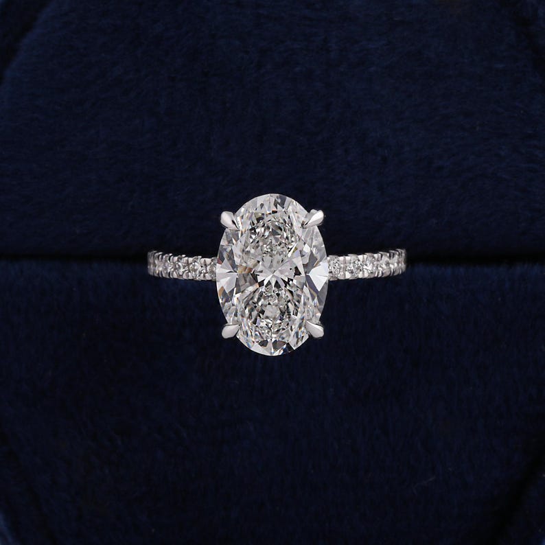 IGI Certified Lab Grown Oval Diamond Engagement Ring: Hidden Halo, Pavé Band image 7