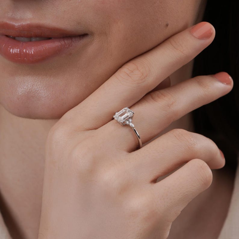 1.95 CTW Emerald Cut Lab Grown Diamond Engagement Ring | IGI Certified Ring with Marquise & Round Side Diamonds image 3
