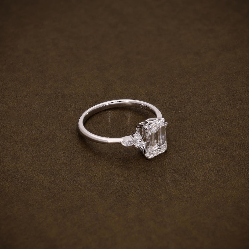 1.95 CTW Emerald Cut Lab Grown Diamond Engagement Ring | IGI Certified Ring with Marquise & Round Side Diamonds image 4