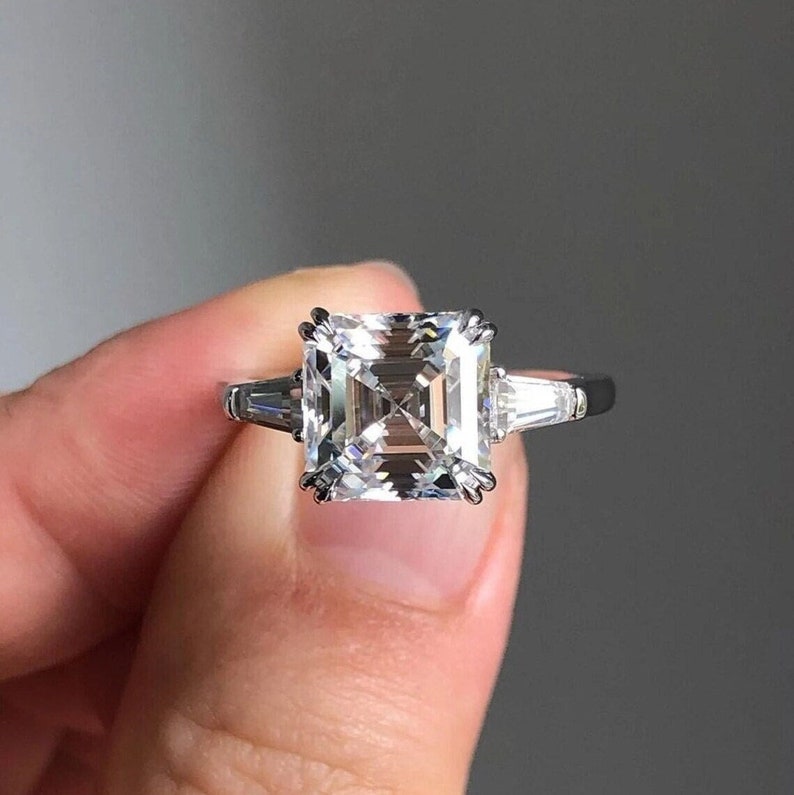 3 CT Asscher Cut Moissanite Engagement Ring, Asscher Three Stone Side Tapered Baguette Wedding Ring, 14K Solid Gold Trilogy Rings for Women image 1