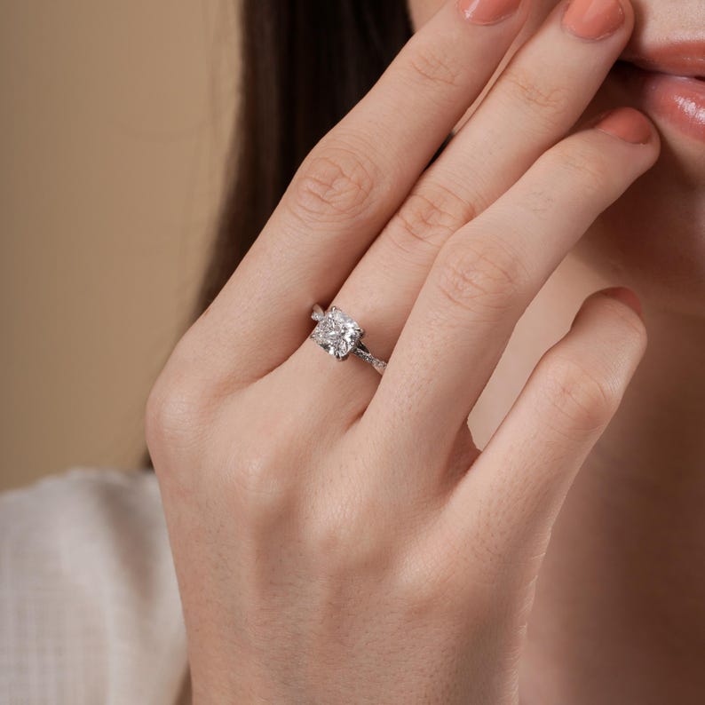 2.14 CTW Cushion Cut Lab Grown Diamond Vine Halo Engagement Ring in D Colour VVS2 IGI Certified Promise Ring for Her image 3