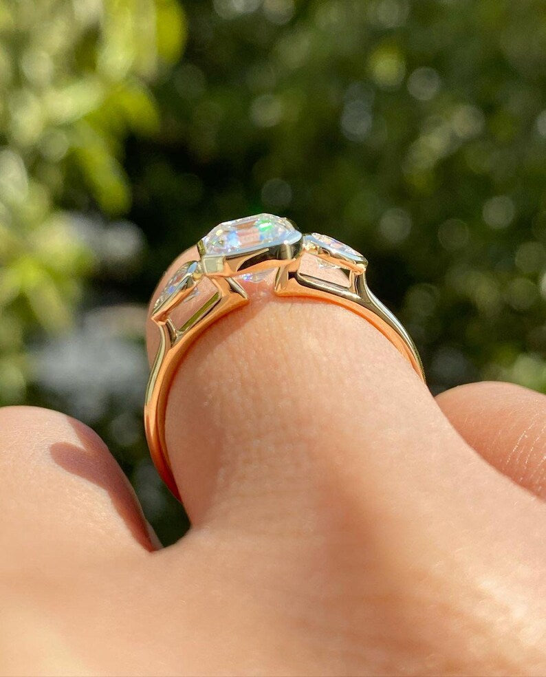 1 CT Asscher Cut Lab Grown Diamond Engagement Ring, Bezel Setting Three Stone Ring Side Pear Cut Stones, 14K Solid Gold Wedding Ring