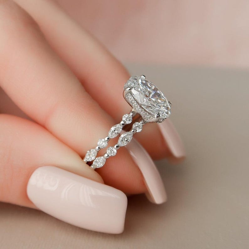 2.00 CT Oval Moissanite Engagement Ring Set: Art Deco Bridal Halo, Matching Bands image 5