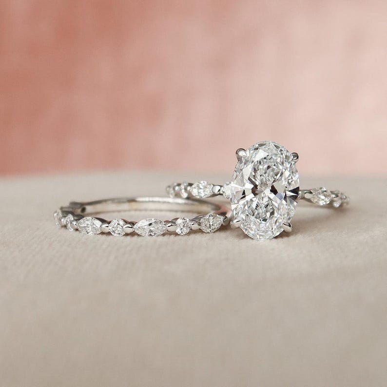 2.00 CT Oval Moissanite Engagement Ring Set: Art Deco Bridal Halo, Matching Bands image 4