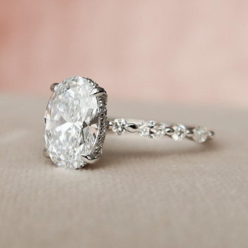 2.00 CT Oval Moissanite Engagement Ring Set: Art Deco Bridal Halo, Matching Bands image 6