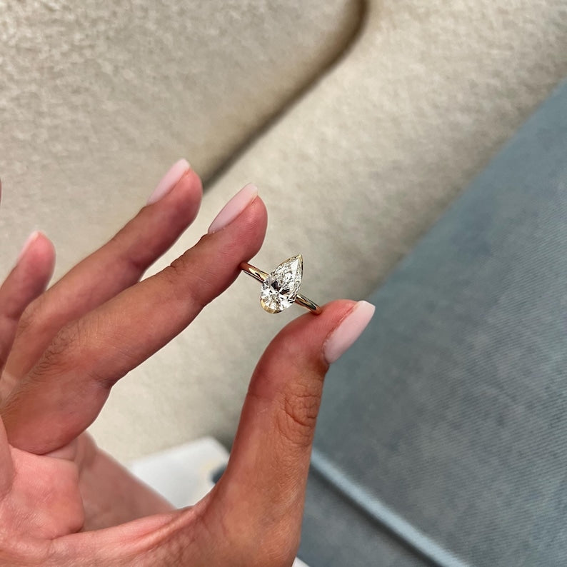 2 Carat Pear Cut Lab Grown Diamond Half Bezel Modern Engagement Ring: Minimalist Solitaire Ring Made in 14k Yellow Gold image 4