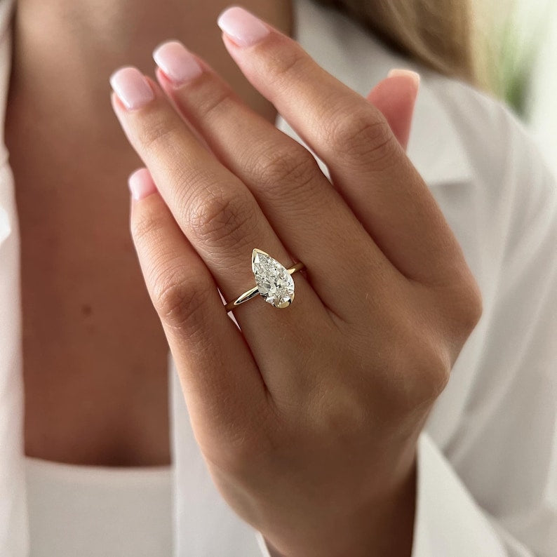 2 Carat Pear Cut Lab Grown Diamond Half Bezel Modern Engagement Ring: Minimalist Solitaire Ring Made in 14k Yellow Gold image 1